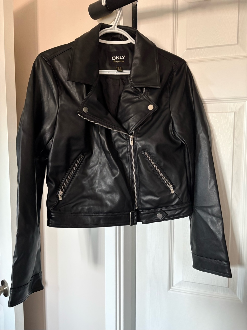 Only Black Faux Leather Biker Jacket with Zip Details